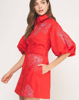 Sweet Flora Puff Sleeve Dress-Red