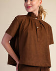 Lucille Stand Collar Top-Brown