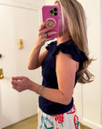 Paris Charm Ruffled Knit Top-Navy