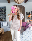 Sunny Stripe Puff Sleeve Top-Beige