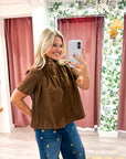 Lucille Stand Collar Top-Brown
