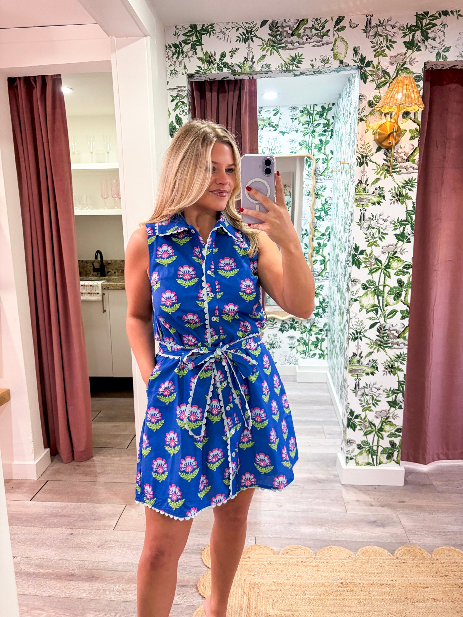 Meet-Cute Belted Floral Dress-Blue