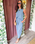 Abroad Adventure Textured Pant Set-Dusty Blue