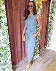 Abroad Adventure Textured Pant Set-Dusty Blue