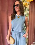 Abroad Adventure Textured Pant Set-Dusty Blue