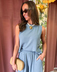 Abroad Adventure Textured Pant Set-Dusty Blue
