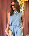 Abroad Adventure Textured Pant Set-Dusty Blue