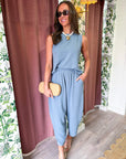 Abroad Adventure Textured Pant Set-Dusty Blue