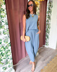 Abroad Adventure Textured Pant Set-Dusty Blue