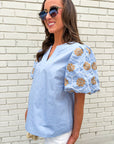 Summer Sunset Embroidered Top-Light Blue
