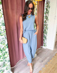 Abroad Adventure Textured Pant Set-Dusty Blue