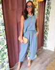 Abroad Adventure Textured Pant Set-Dusty Blue