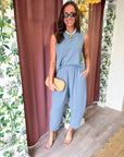 Abroad Adventure Textured Pant Set-Dusty Blue