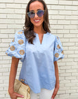 Summer Sunset Embroidered Top-Light Blue