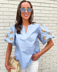 Summer Sunset Embroidered Top-Light Blue