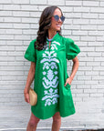 Floral Majesty Shift Mini Dress-Kelly Green