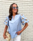 Summer Sunset Embroidered Top-Light Blue