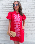 Floral Majesty Shift Mini Dress-Red