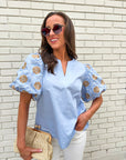 Summer Sunset Embroidered Top-Light Blue