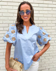 Summer Sunset Embroidered Top-Light Blue