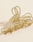 Elegant Pearl Bow Hair Claw- Gold