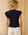 Paris Charm Ruffled Knit Top-Navy