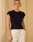Paris Charm Ruffled Knit Top-Navy