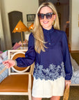Threaded Bloom Long Sleeve Top-Navy