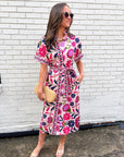 Garden Grace Tie Waist Midi Dress-Pink