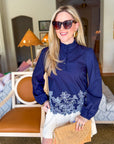 Threaded Bloom Long Sleeve Top-Navy