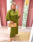 Candlelight Satin Midi Dress-Olive