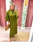 Candlelight Satin Midi Dress-Olive