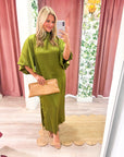 Candlelight Satin Midi Dress-Olive