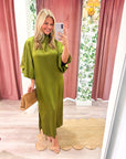 Candlelight Satin Midi Dress-Olive