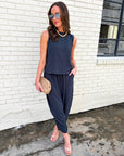 Abroad Adventure Textured Pant Set-Onyx Indigo