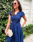 Easy Like Sunday Embroidered Midi Dress-Navy
