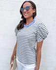 Sunny Stripe Puff Sleeve Top-Blue