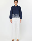 Threaded Bloom Long Sleeve Top-Navy