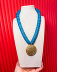Floral Medallion Beaded Necklace-Teal