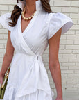 Avah Ruffle Wrap Mini Dress-White