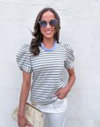 Sunny Stripe Puff Sleeve Top-Blue