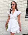 Avah Ruffle Wrap Mini Dress-White