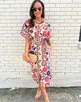 Garden Grace Tie Waist Midi Dress-Coral