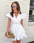 Avah Ruffle Wrap Mini Dress-White