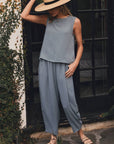 Abroad Adventure Textured Pant Set-Dusty Blue