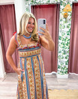 Paisley Stripe Smocked Midi Dress