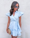 Avah Ruffle Wrap Mini Dress-Blue
