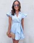 Avah Ruffle Wrap Mini Dress-Blue