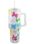 Multicolored Coquette Bows Tumbler w/ Handle- White