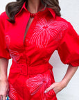 Sweet Flora Puff Sleeve Dress-Red